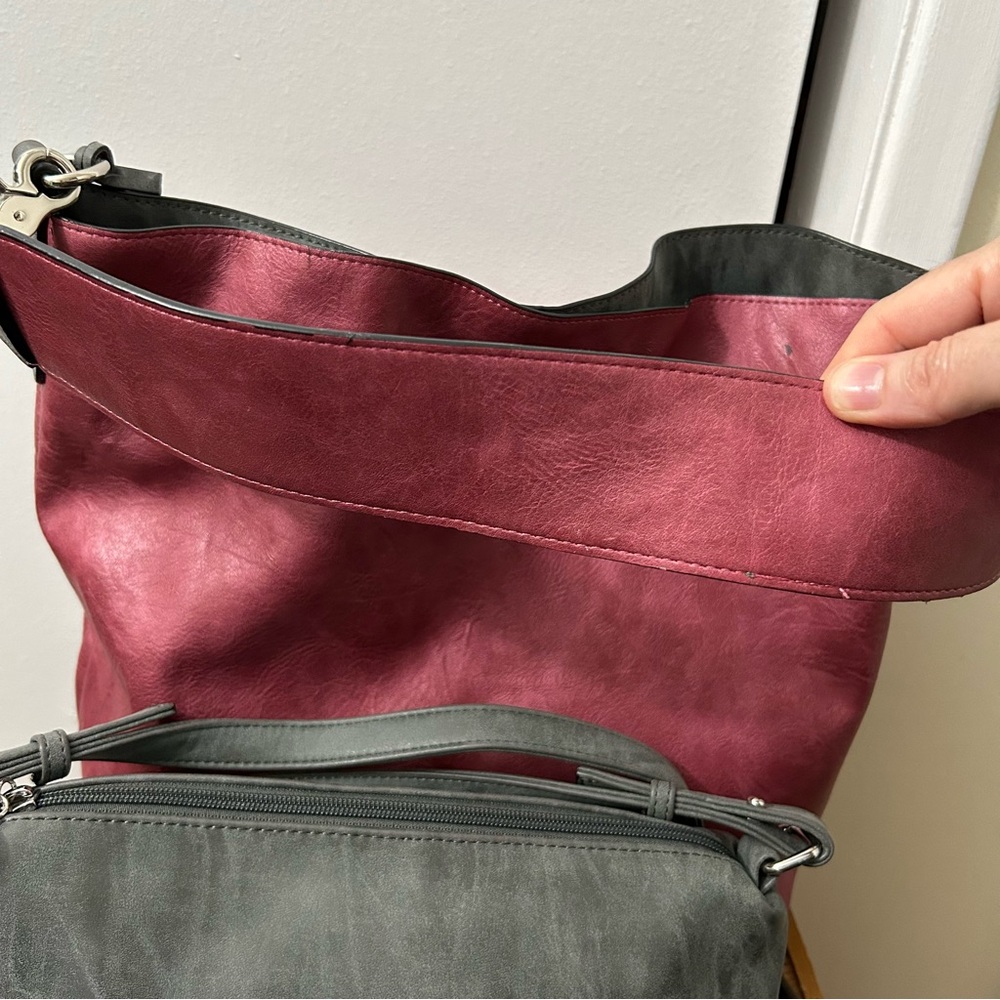 SYDNEY LOVE - Reservable Hobo Bag with Crossbody set. Grey and Burgundy/Rose - Picture 6 of 14